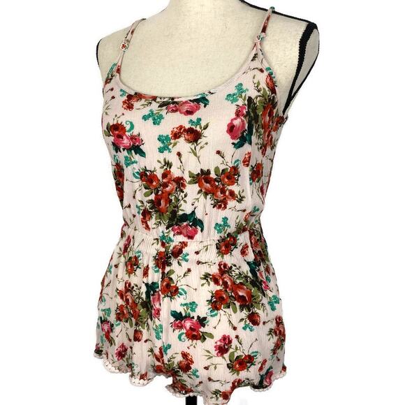 Wet Seal Floral Romper Shorts Spaghetti Strap Pantsuit Cream Red Womens Size Med - Picture 12 of 12